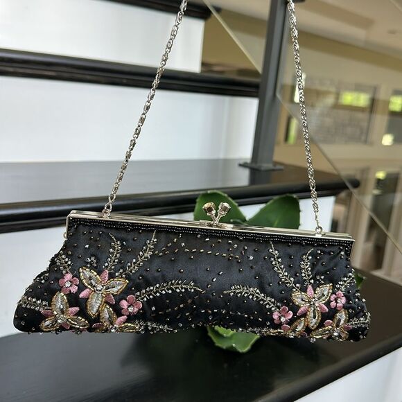 Vintage Embellished Evening Clutch Purse Beaded Floral Satin Bag Chain Strap - Picture 5 of 6